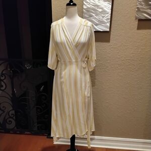 Elegant Yellow Striped Wrap Dress